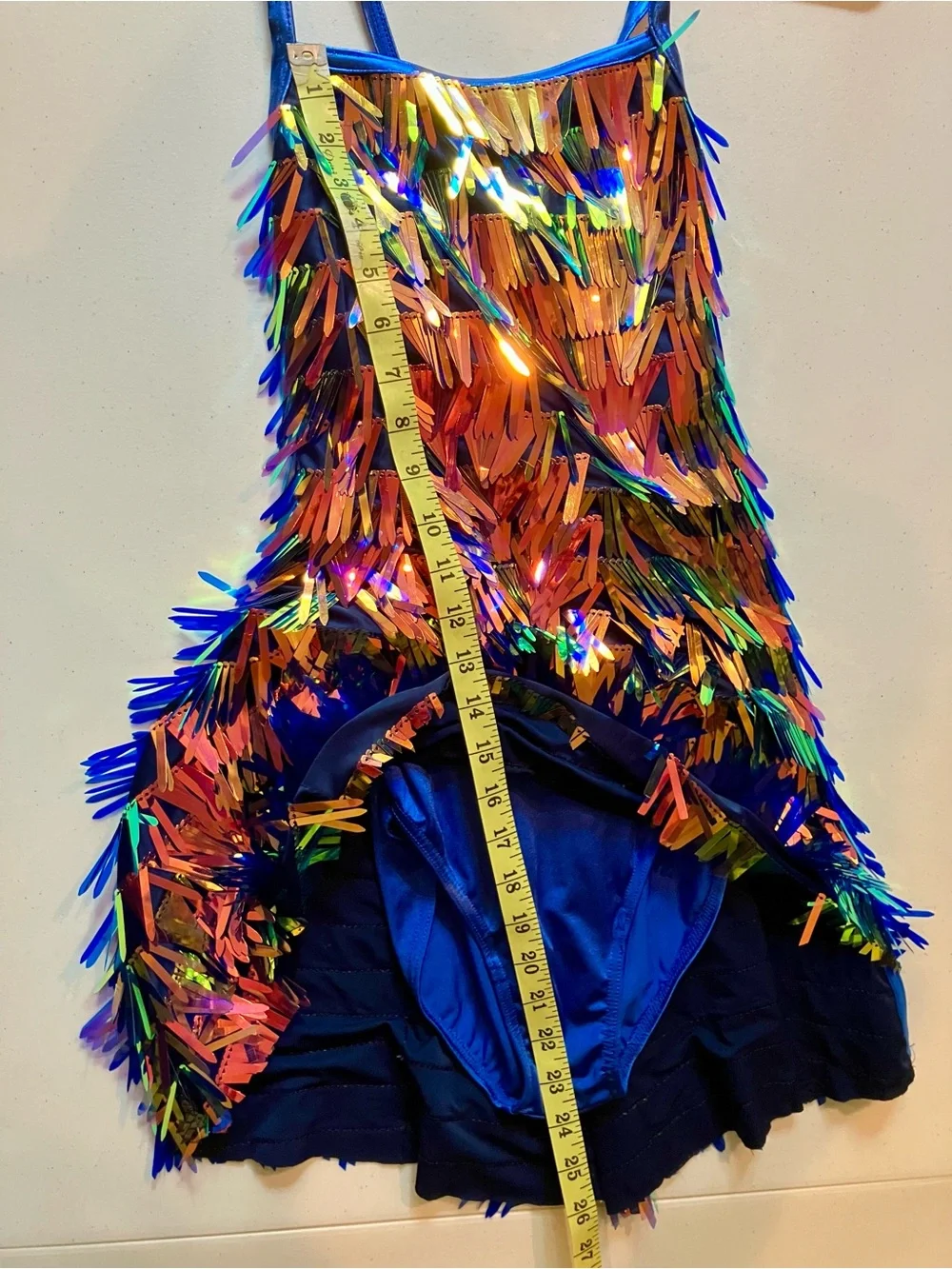 Weissman Iridescent Sequin Fringe Dance Costume Dress Blue Leotard AS
